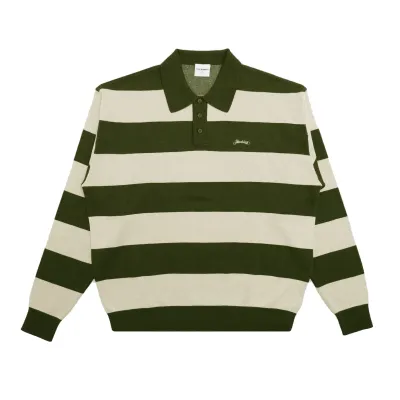 Flat front view of the Students Whittier Knit Polo in khaki green and cream with wide horizontal stripes.