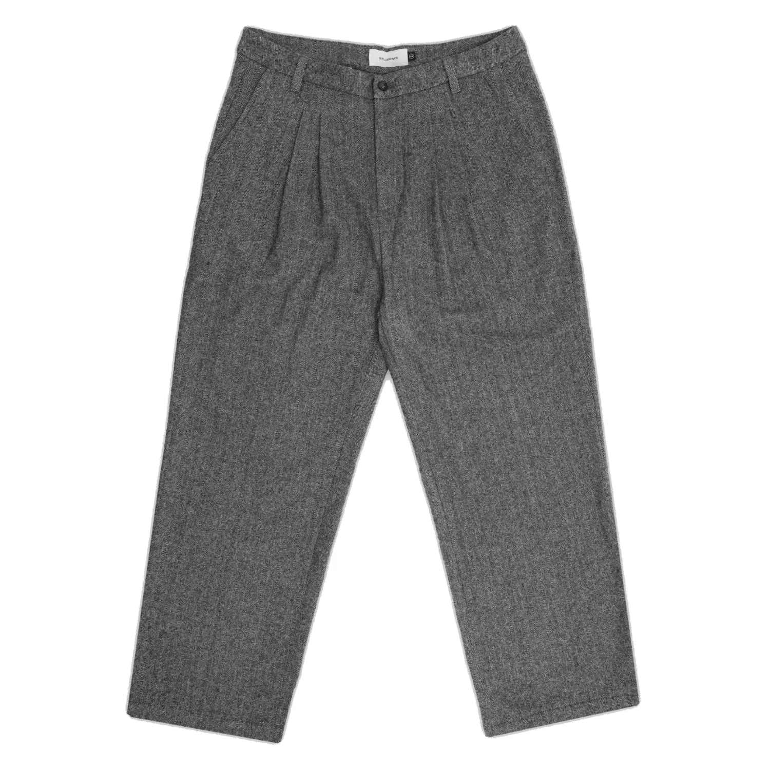 Flat front view of the Grey Students wool pants with double pleats, belt loops and straight legs.