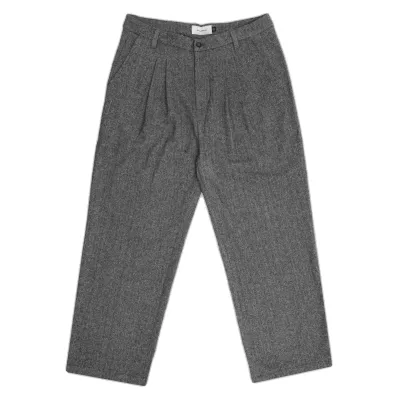 Flat front view of the Grey Students wool pants with double pleats, belt loops and straight legs.