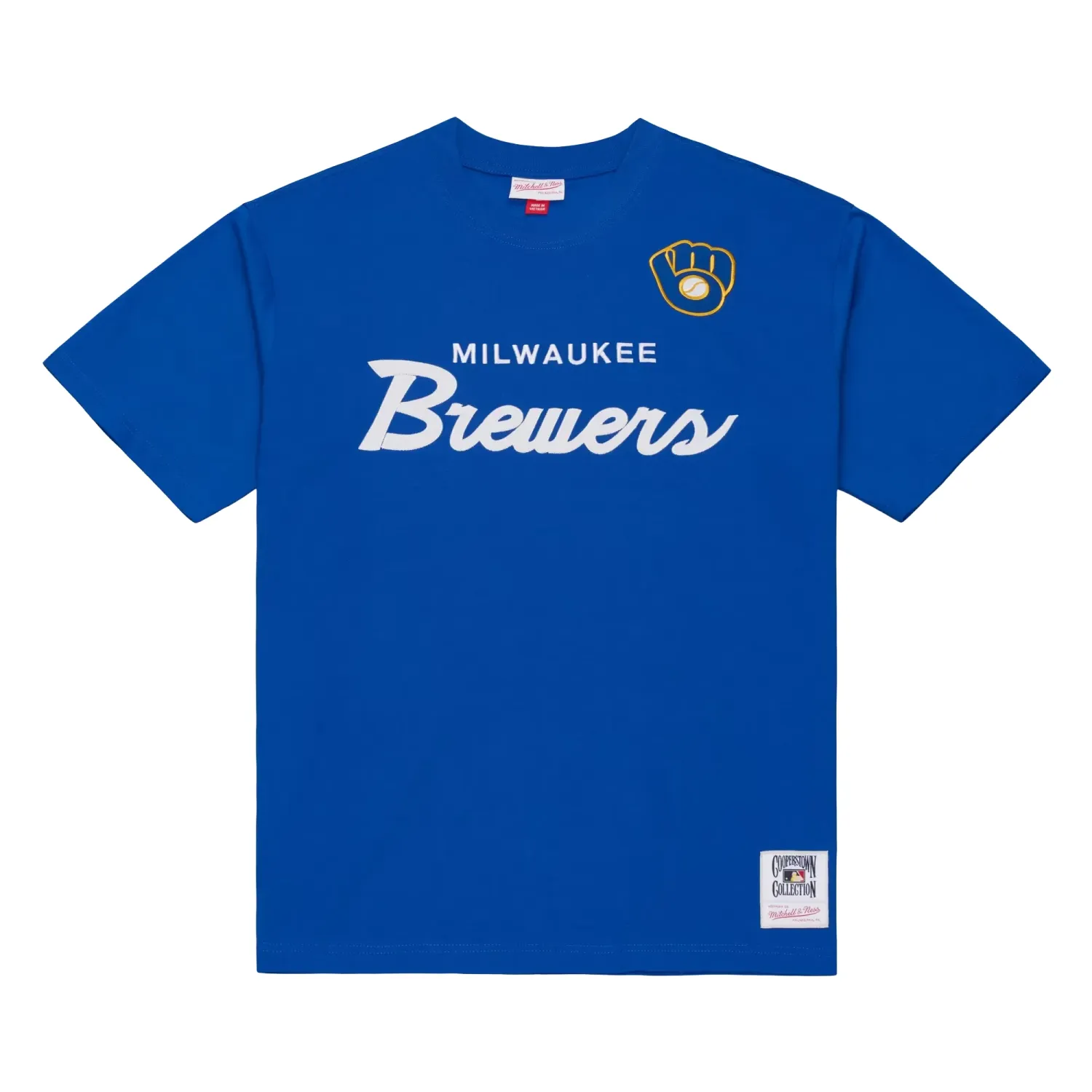Front view of royal blue Mitchell &amp; Ness Brewers tee with white wordmark and Ball &amp; Glove logo