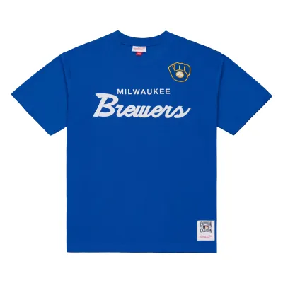 Front view of royal blue Mitchell &amp; Ness Brewers tee with white wordmark and Ball &amp; Glove logo