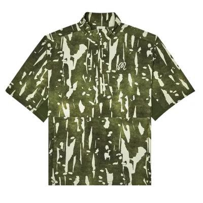 Flat front view of the olive Malbon Pine Inkwash Windshirt with abstract print, quarter zip and wide sleeves.