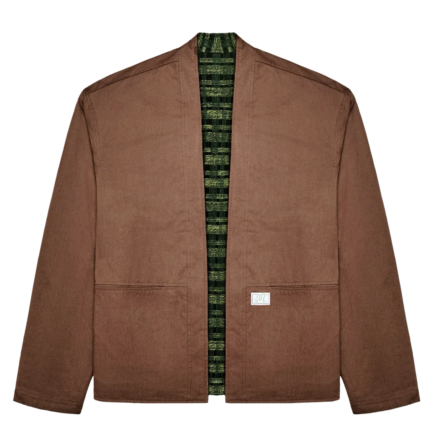 Flat front view of the brown Malbon Grounds Reversible Jacket with an open collar and oversized chore pockets.
