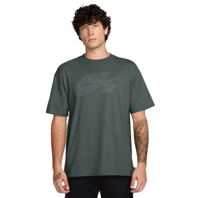 Front view of Nike SB Logo Fill Tee in camo green with a tonal woodgrain-style logo and relaxed silhouette.