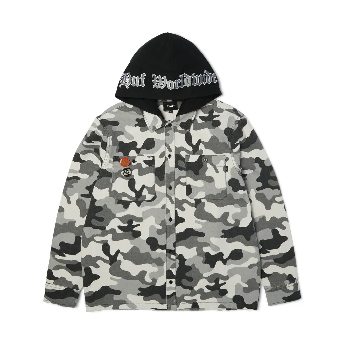 Front view of HUF Olympia Hooded Overshirt with HUF Worldwide hood embroidery