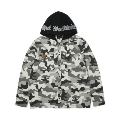 Front view of HUF Olympia Hooded Overshirt with HUF Worldwide hood embroidery
