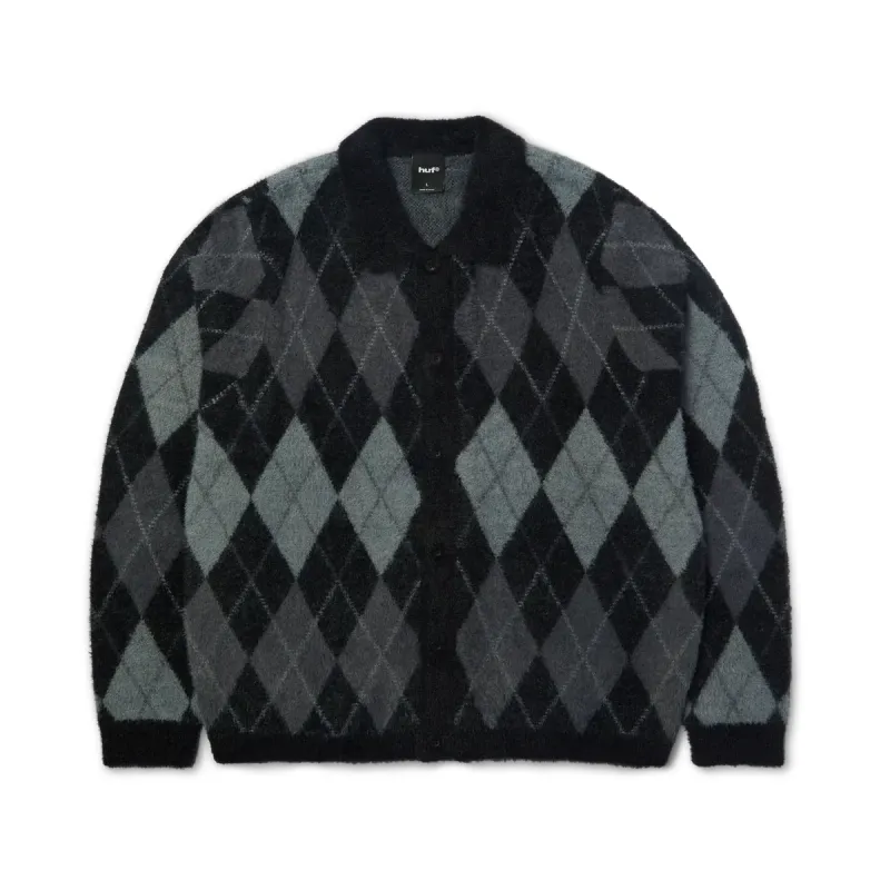 Front view of HUF Cooper Mohair Sweater in black and grey argyle