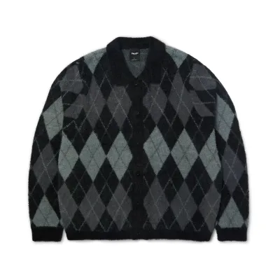 Front view of HUF Cooper Mohair Sweater in black and grey argyle