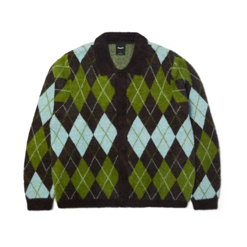 Front view of HUF Cooper Mohair Sweater in dark brown, green and light blue