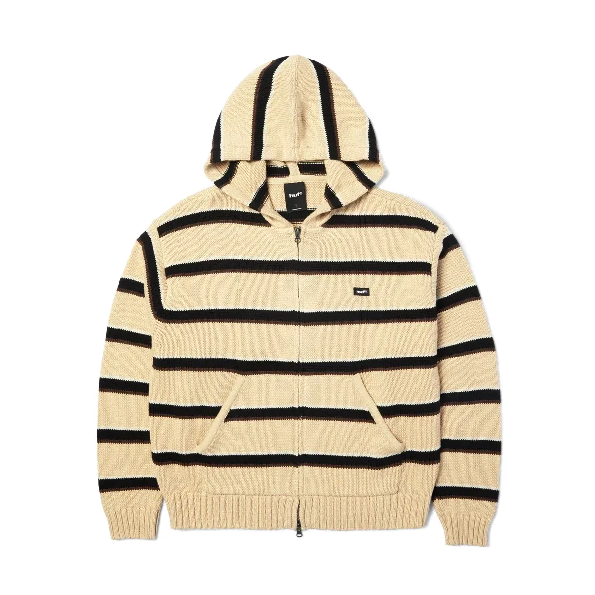 Front view of HUF Banks Full-Zip Striped Hoodie in Tan