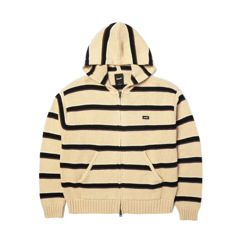 Front view of HUF Banks Full-Zip Striped Hoodie in Tan