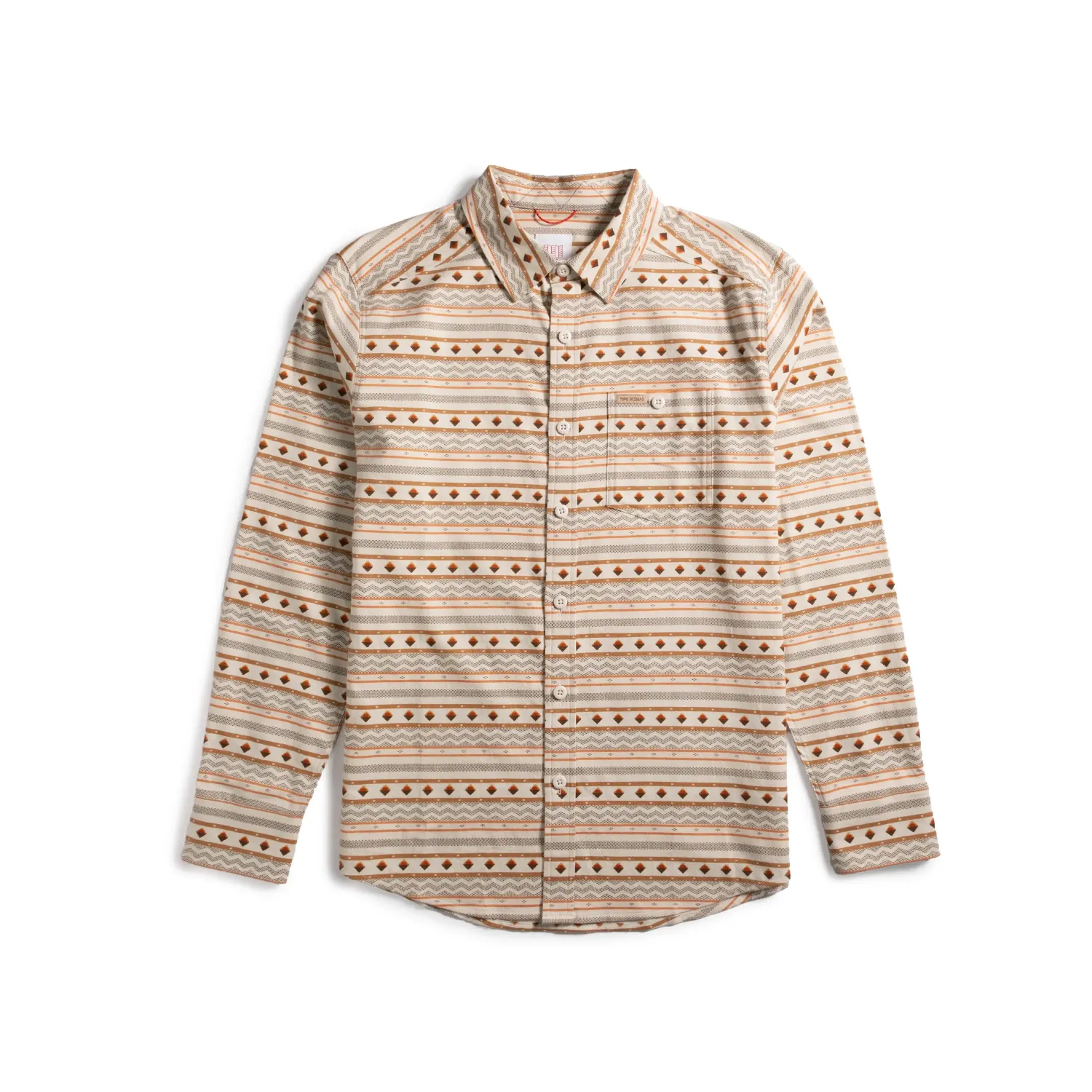Front view of Topo Designs Mountain Lightweight Shirt in Bone White Sunset Stripe