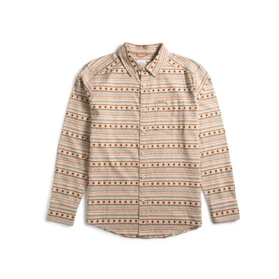 Front view of Topo Designs Mountain Lightweight Shirt in Bone White Sunset Stripe