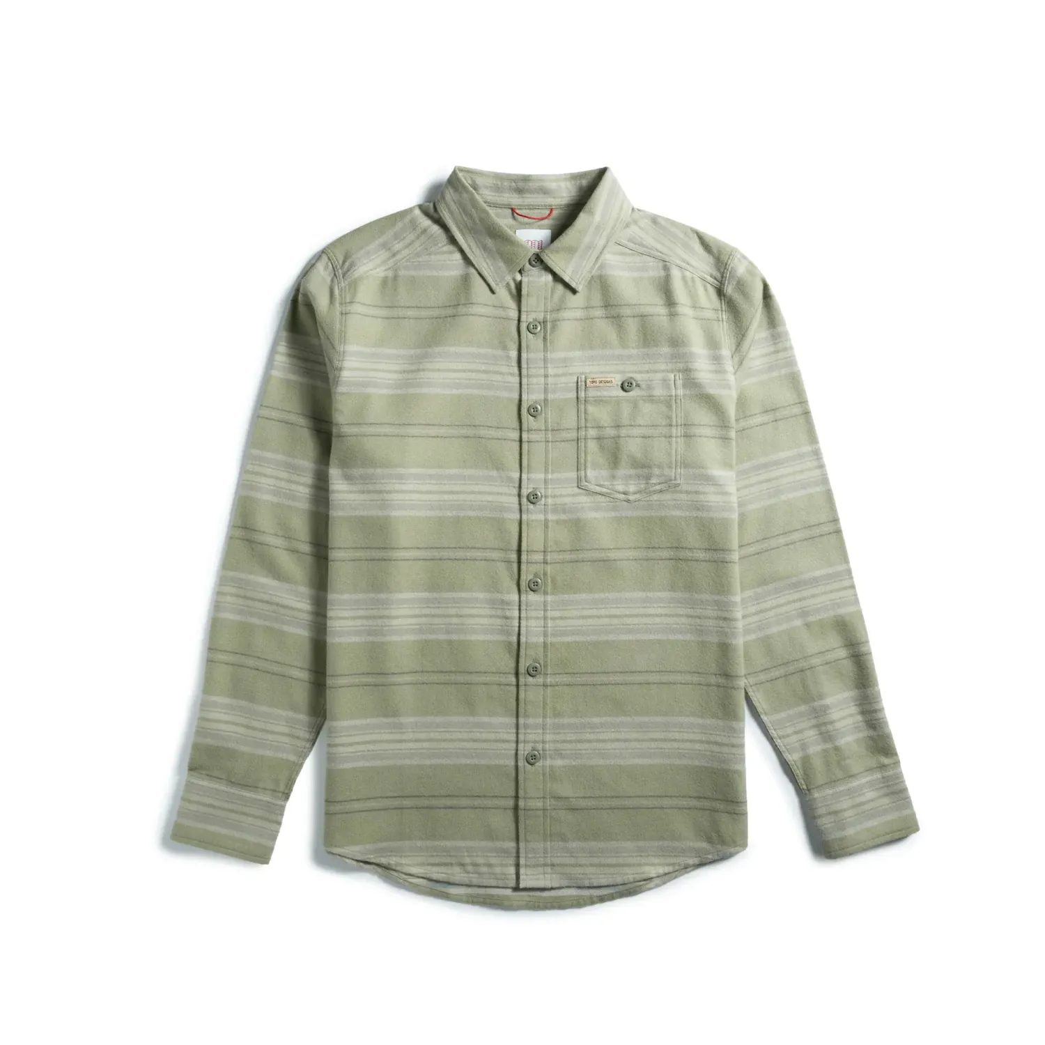 Front view of Topo Designs Mountain Lightweight Shirt in Oil Green Horizontal Stripe