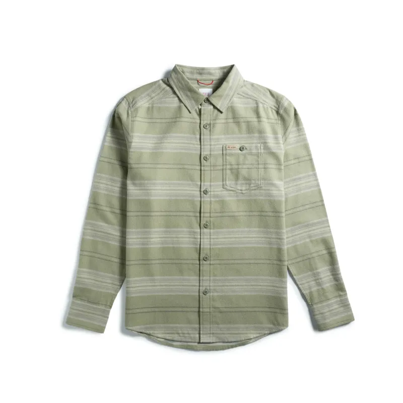 Front view of Topo Designs Mountain Lightweight Shirt in Oil Green Horizontal Stripe
