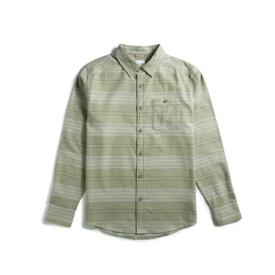 Front view of Topo Designs Mountain Lightweight Shirt in Oil Green Horizontal Stripe
