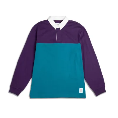 Front view of Topo Designs Mountain Rugby Shirt in Dark Teal and Deep Purple