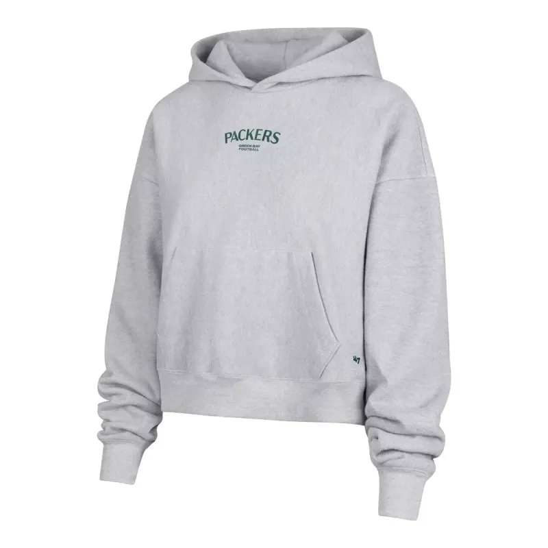 Front view of the Heather Grey Packers hoodie with a green chest graphic and kangaroo pocket.