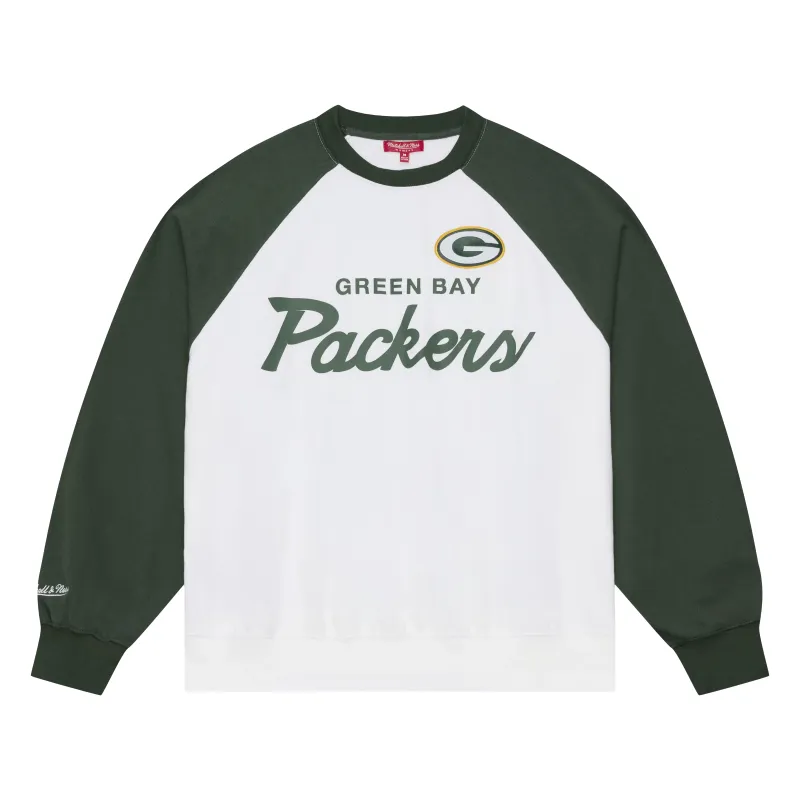 Front view of the white Packers crewneck with green raglan sleeves, team wordmark and embroidered logo.
