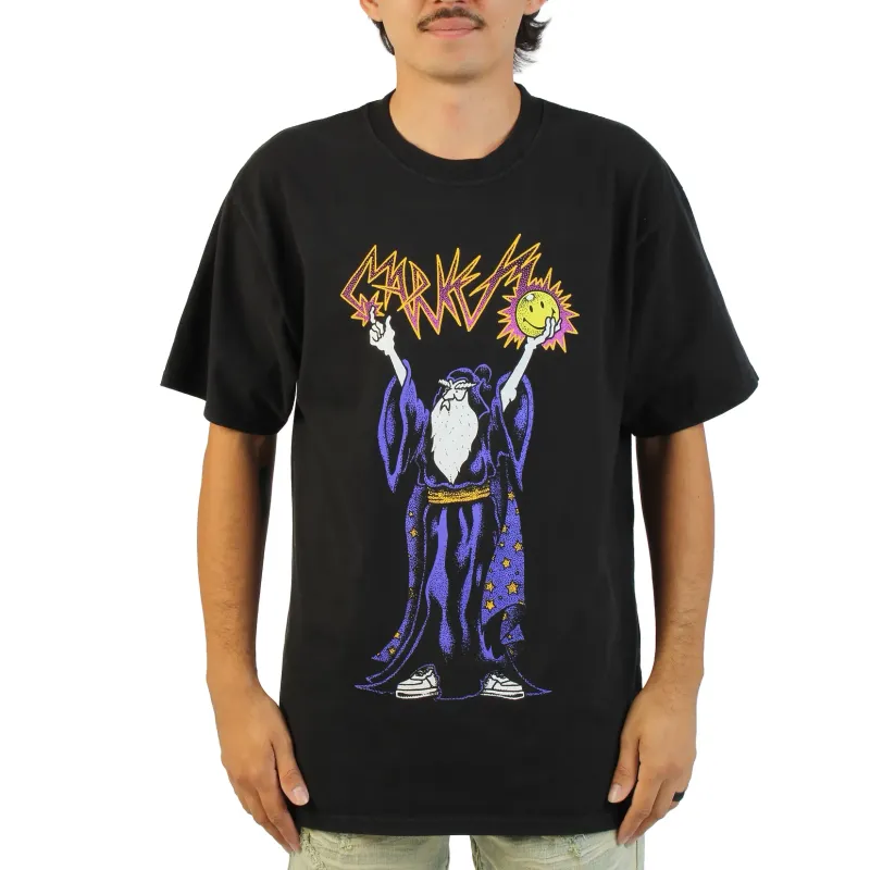 Model wearing the black Market Smiley Spellcaster Tee with colorful wizard graphic