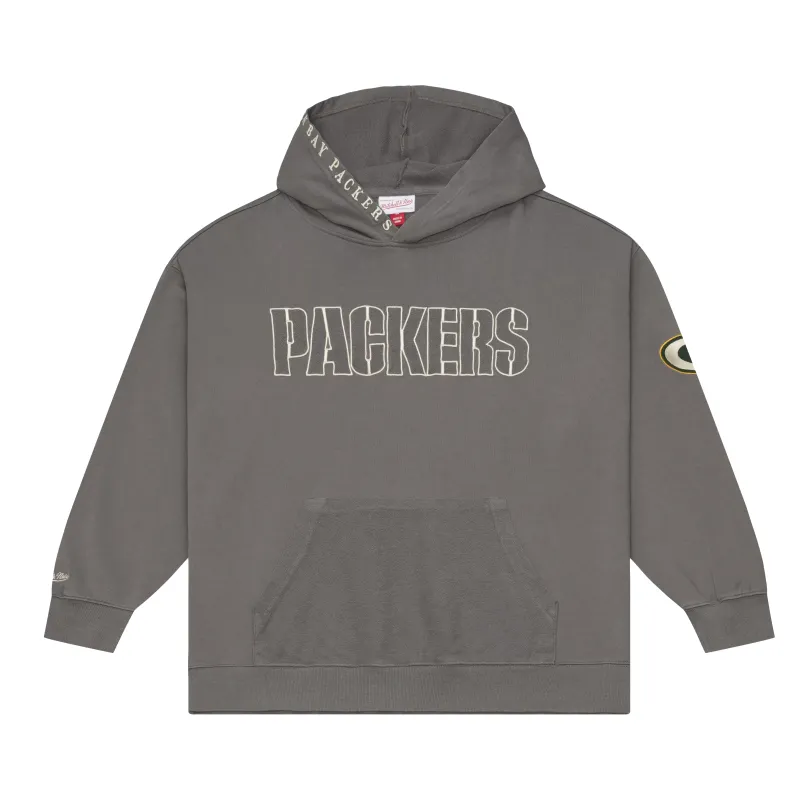 Front view of the charcoal Packers hoodie with chest embroidery, hood lettering and a pouch pocket.