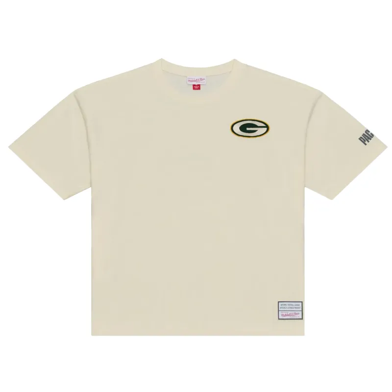 Front view of the Cream Packers tee with an embroidered chest logo, sleeve graphic and woven hem label.