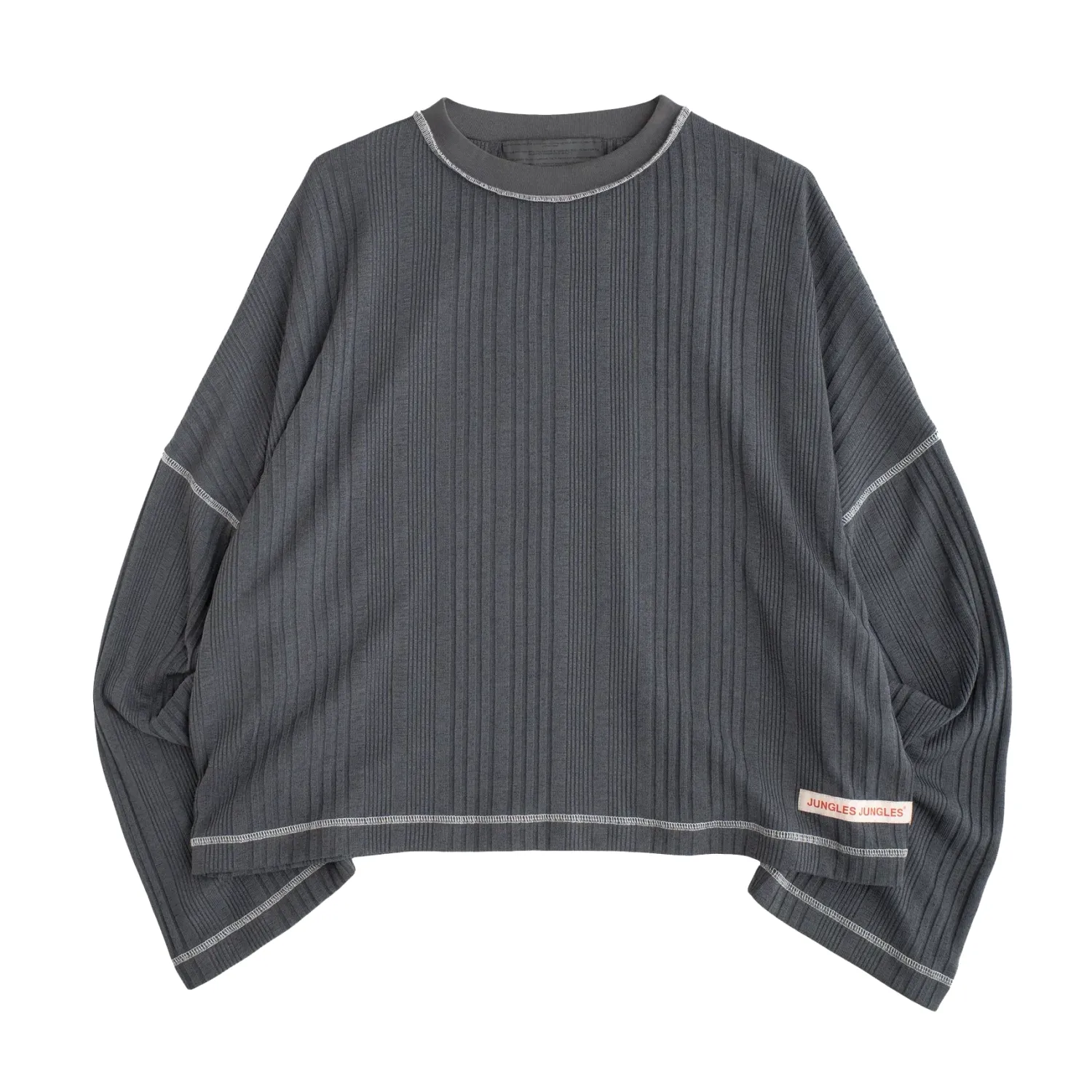 Front product view of the grey Jungles Channel Rib long sleeve tee with contrast stitching.