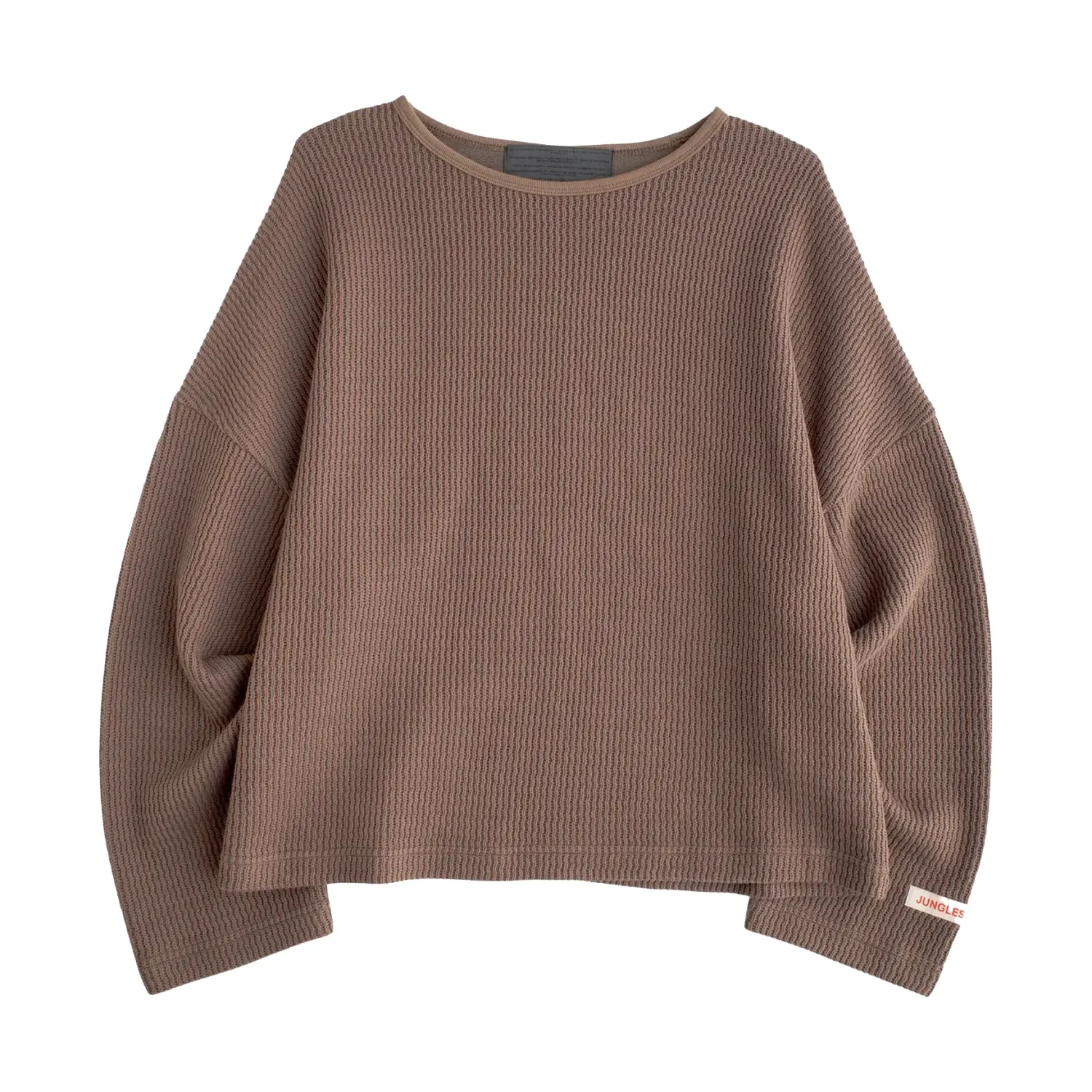 Front product view of the brown Jungles Wavy Knit with long sleeves and a boxy silhouette.