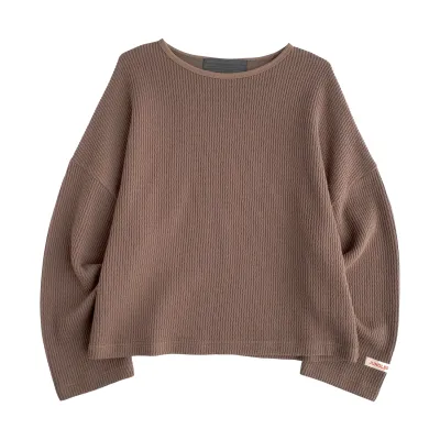 Front product view of the brown Jungles Wavy Knit with long sleeves and a boxy silhouette.