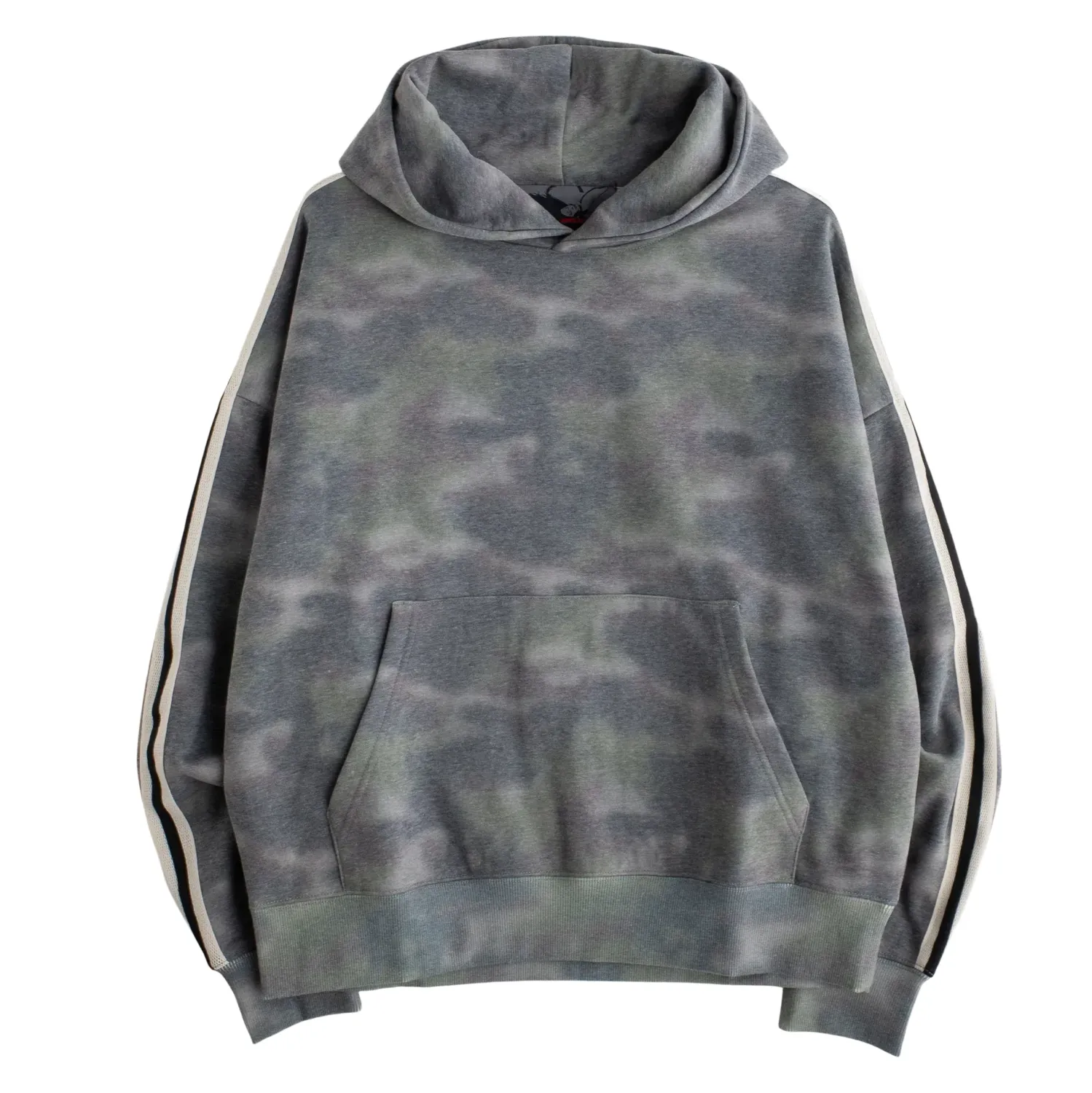 Front product view of the Jungles Airbrush Camo Hoodie with striped sleeves and a kangaroo pocket.