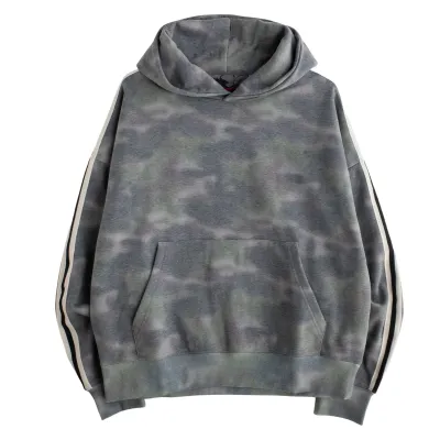 Front product view of the Jungles Airbrush Camo Hoodie with striped sleeves and a kangaroo pocket.