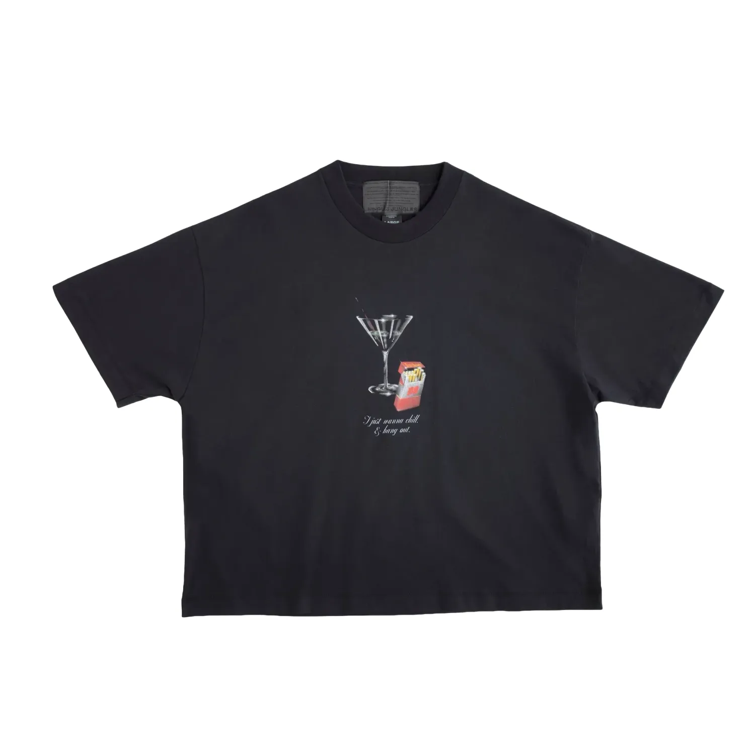 1. Front product view of the black Jungles Double Happiness Tee with airbrush artwork by J.Ferg.