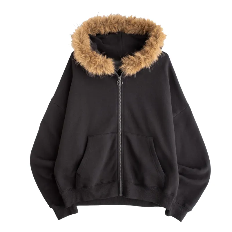 Front product view of the black Jungles Fur Trim Hoodie with faux fur trim and split pouch pockets.