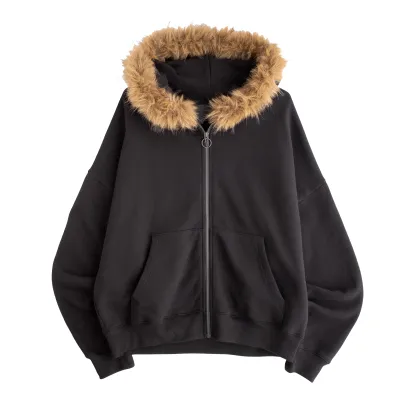 Front product view of the black Jungles Fur Trim Hoodie with faux fur trim and split pouch pockets.