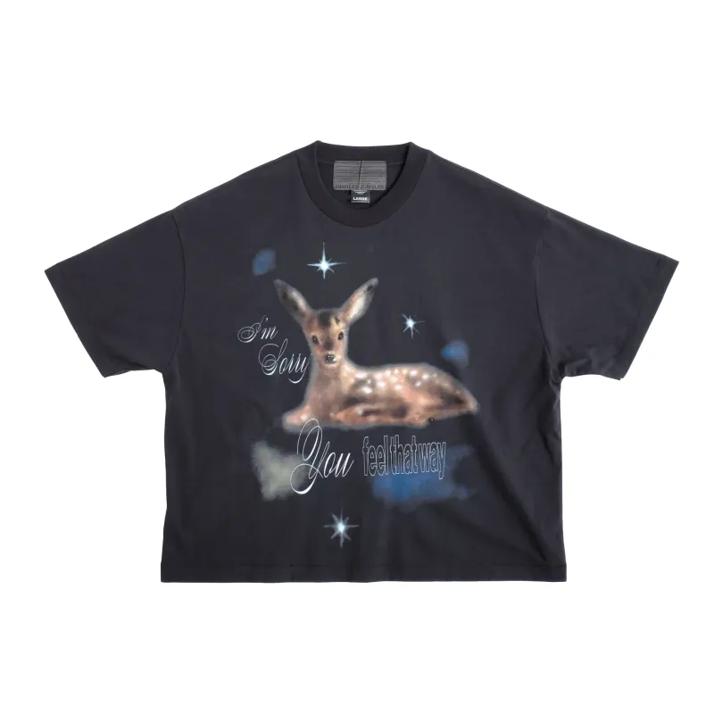 1. Front product view of the black Jungles I'm Sorry Tee featuring fawn artwork by J.Ferg.
