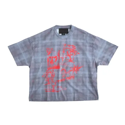 Front product view of the Jungles Find Truth Tee in Plaid with red artwork by J.Ferg.