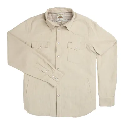 Front product view of the Limestone Sendero Desperado Shacket with pearl snaps and chest pockets.