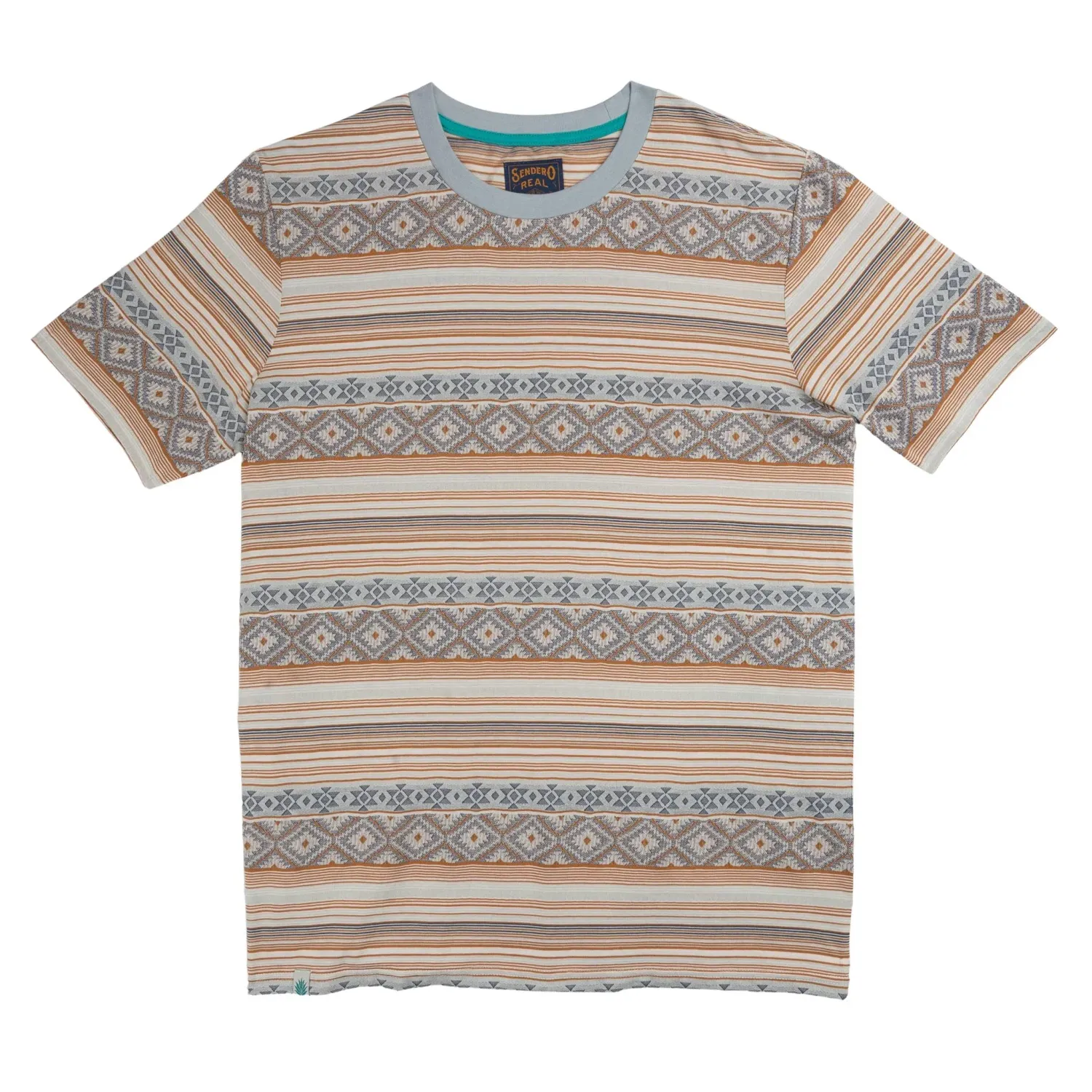 Front product view of the Sendero Bisbee Jacquard Tee with geometric stripes and a pale blue neckline.