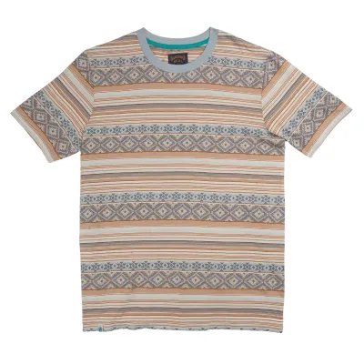 Front product view of the Sendero Bisbee Jacquard Tee with geometric stripes and a pale blue neckline.