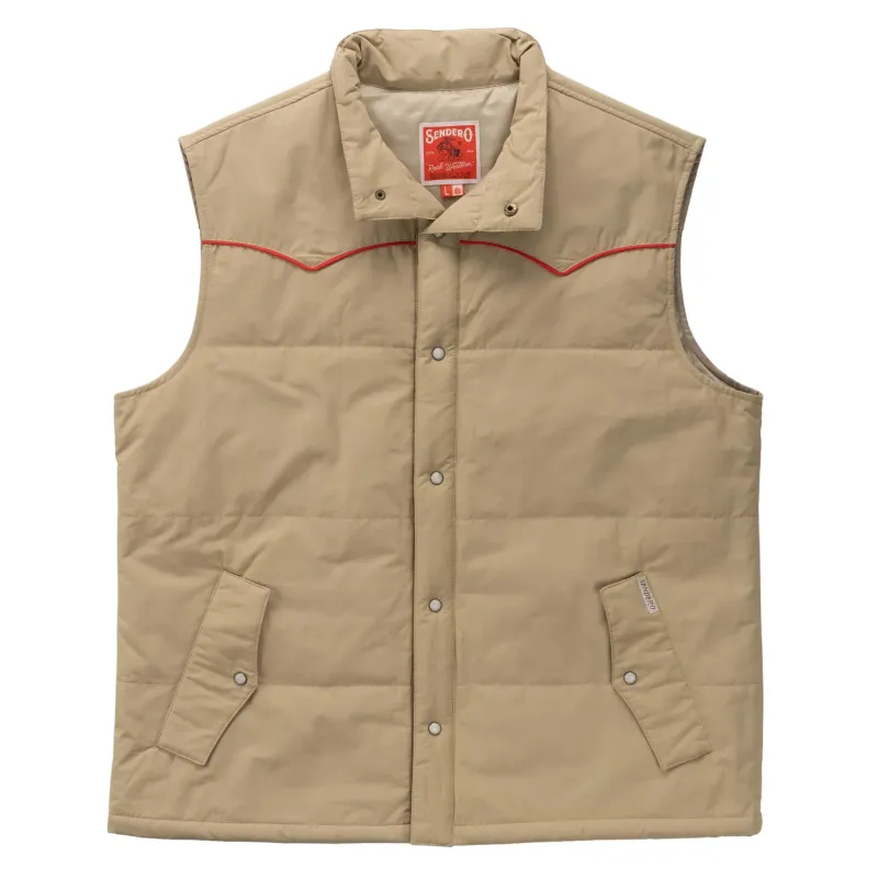 Front view of the Buckskin Sendero Vaquero Vest with pearl snaps, red piping and two snap pockets.