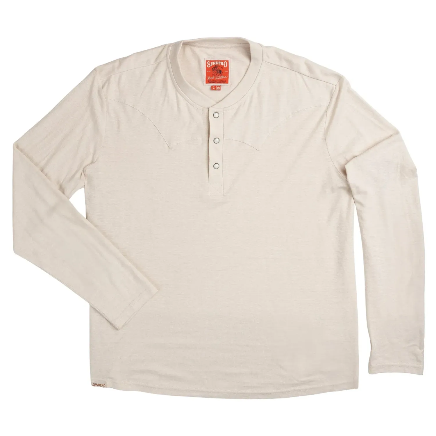 Front product view of the white Sendero Tex Western Long Sleeve Henley with pearl snaps and Western yokes.