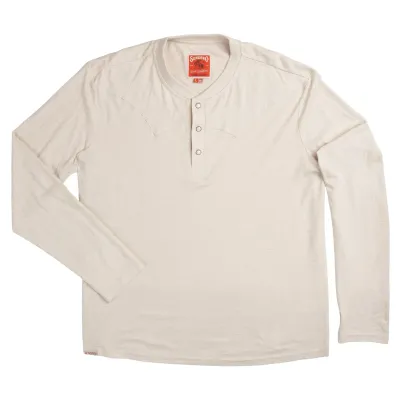Front product view of the white Sendero Tex Western Long Sleeve Henley with pearl snaps and Western yokes.