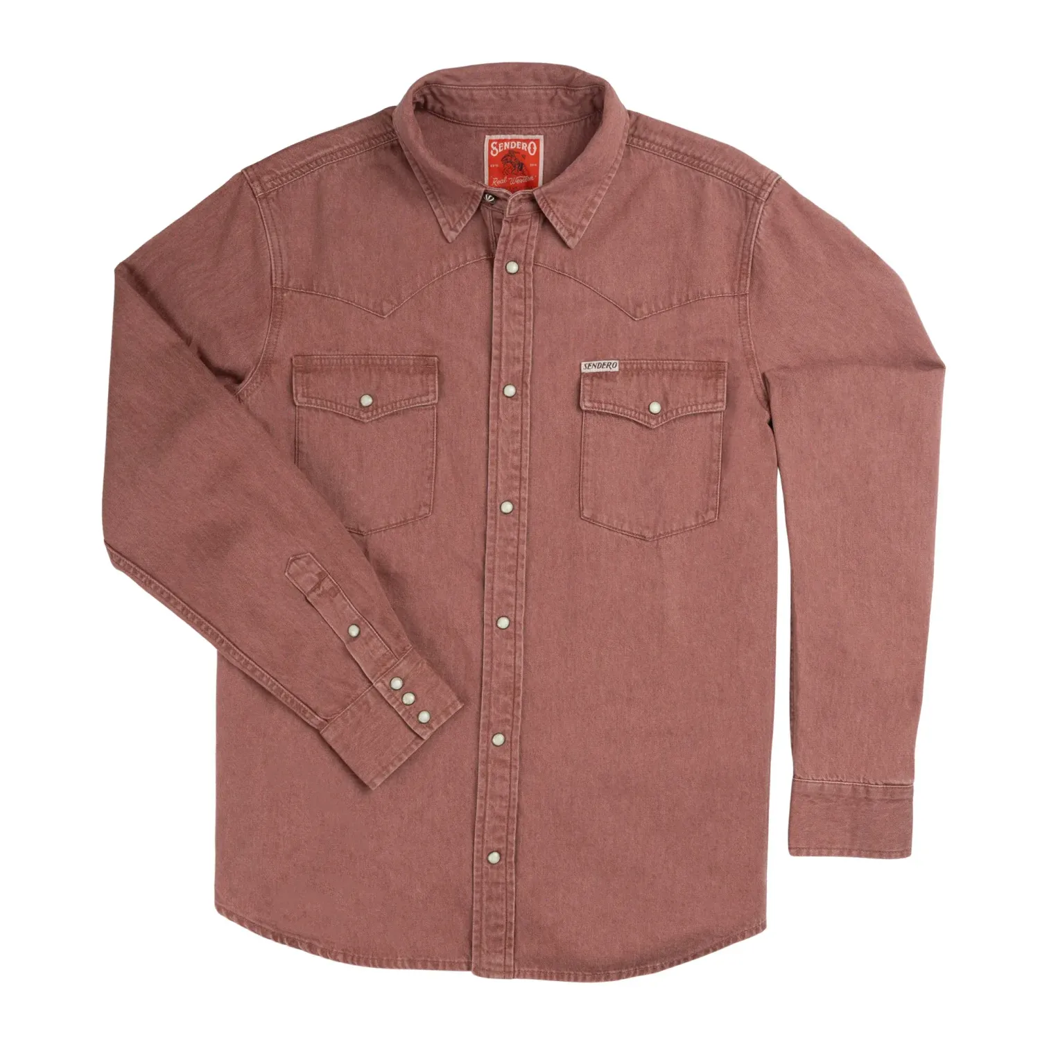 Front product view of the Madera Sendero Wyatt Denim Shirt with pearl snaps and flap chest pockets.