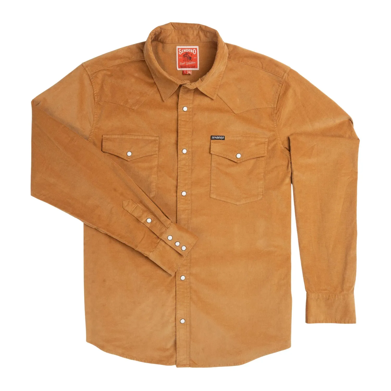 Front product view of the Sandstone Sendero Wyatt Corduroy Shirt with pearl snaps and flap chest pockets.