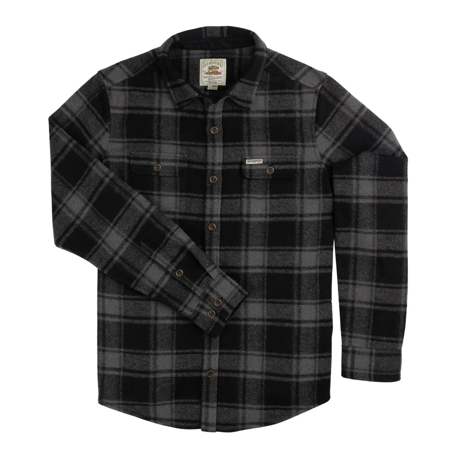 Front product view of the Sendero Pinedale Shacket in Emmett Plaid/Black with flap chest pockets.