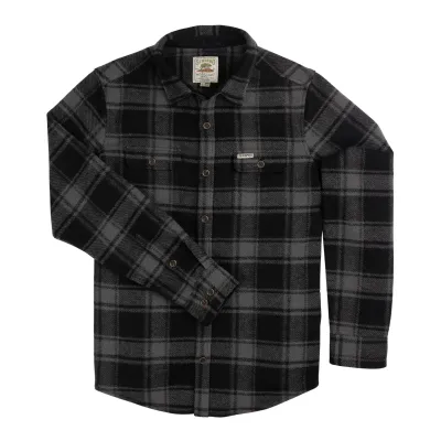 Front product view of the Sendero Pinedale Shacket in Emmett Plaid/Black with flap chest pockets.