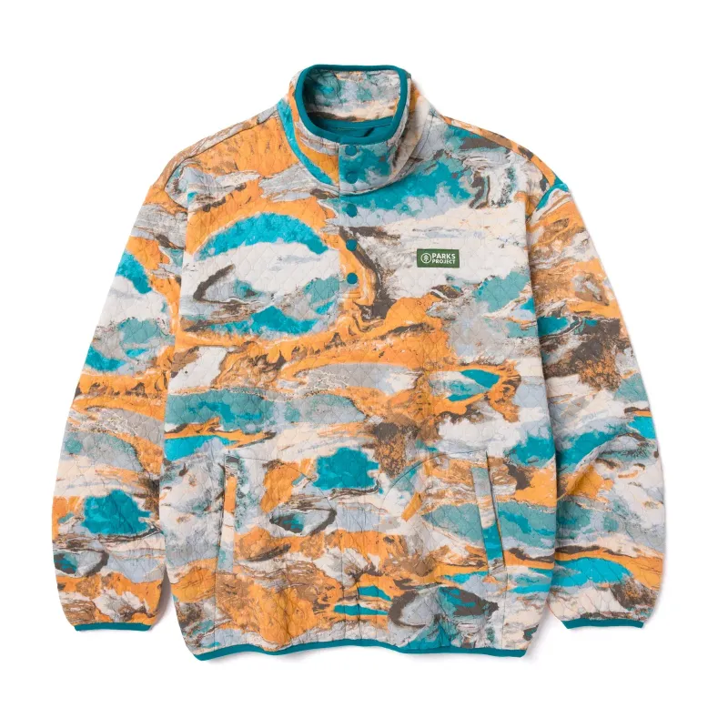 Front view of the Parks Project Hydrothermal Pools Quilted Pullover with a colorful print and pouch pocket.