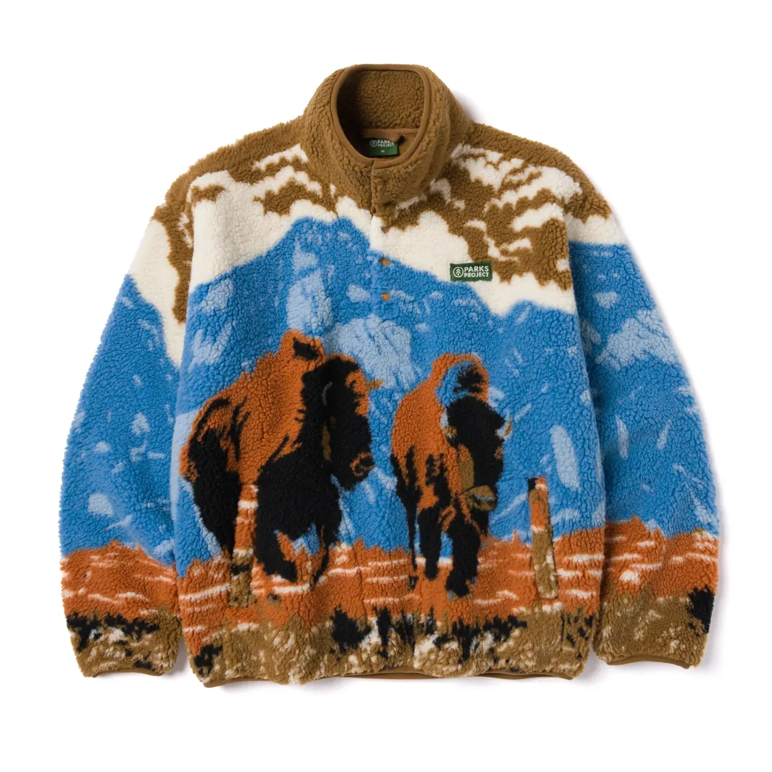 Front product view of the Parks Project Bison Bellows High Pile Fleece with a snap placket and hand pockets.