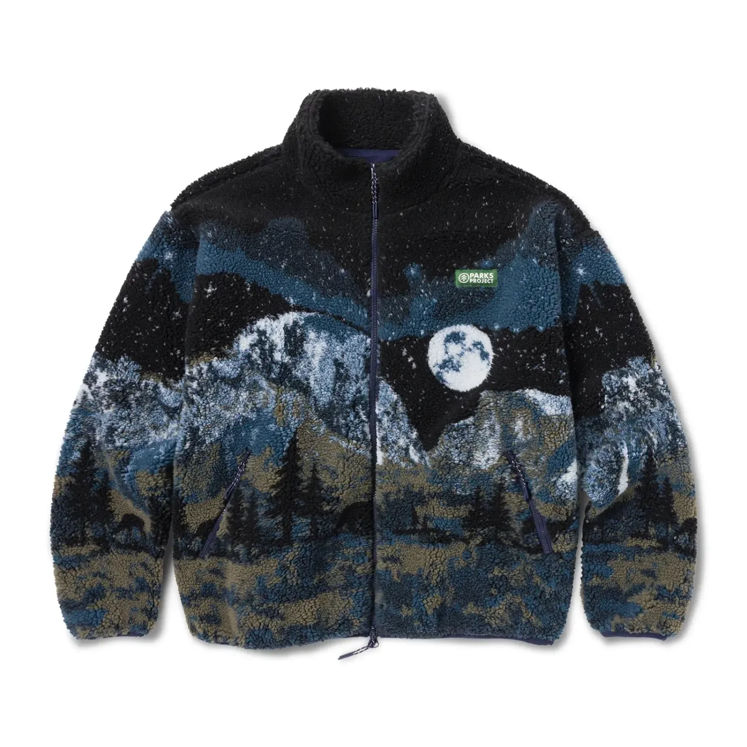 Front product view of the Yosemite Night Views fleece showing mountains, trees, stars and a full moon.