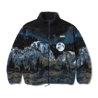 Front product view of the Yosemite Night Views fleece showing mountains, trees, stars and a full moon.